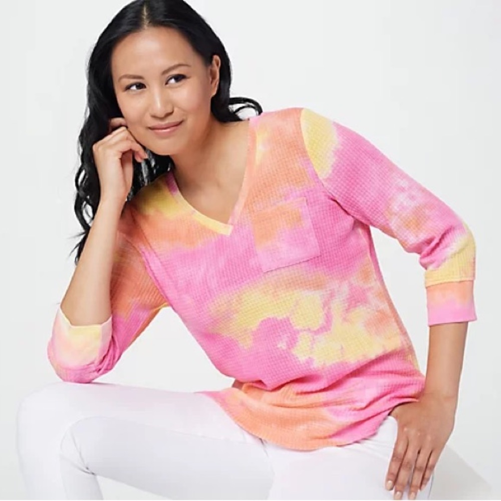 Belle by Kim Gravel 3/4 Sleeve Waffle Knit V-Neck Top sz 1X NEW # B9